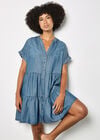 Embroidered Denim Tiered Mini Dress, Blue, large