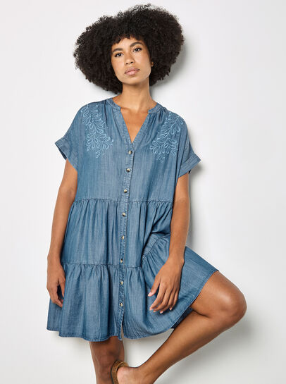 Embroidered Denim Tiered Mini Dress