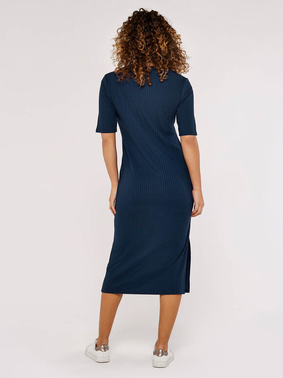 Basic Ribbed Midi Dress, Navy, large