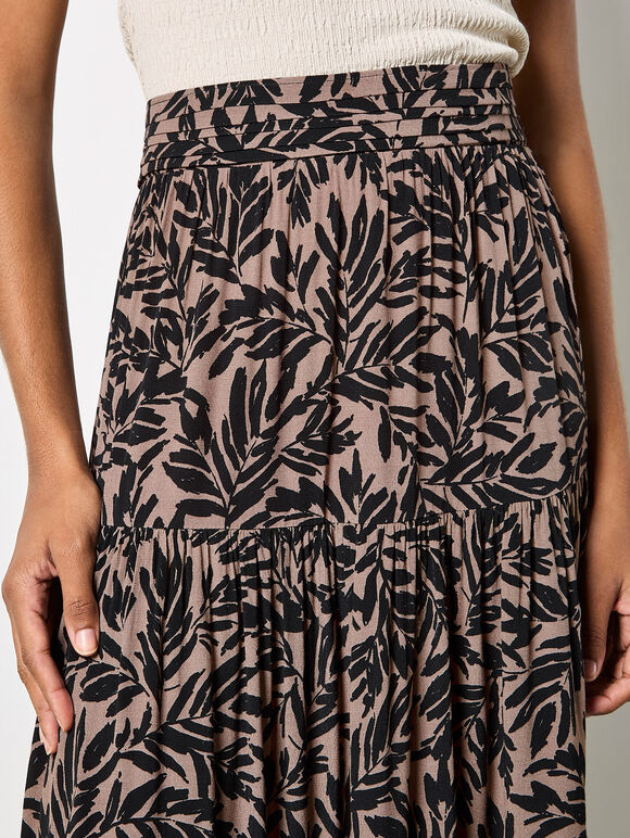 Leaf Print Tiered Midi Skirt, Brown, large