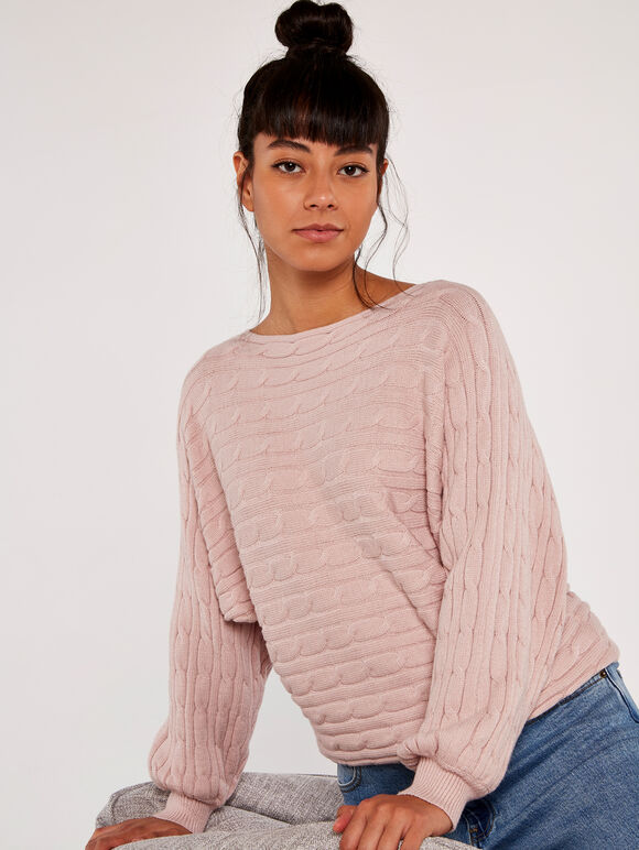 Cable Stripe Batwing Aran Jumper, Pink, large