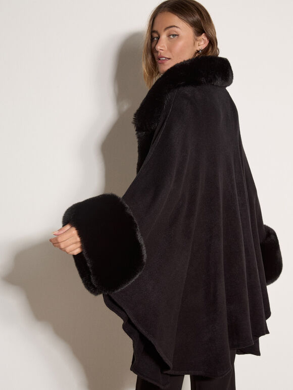 Faux Fur Trimmed Cape, Black, large