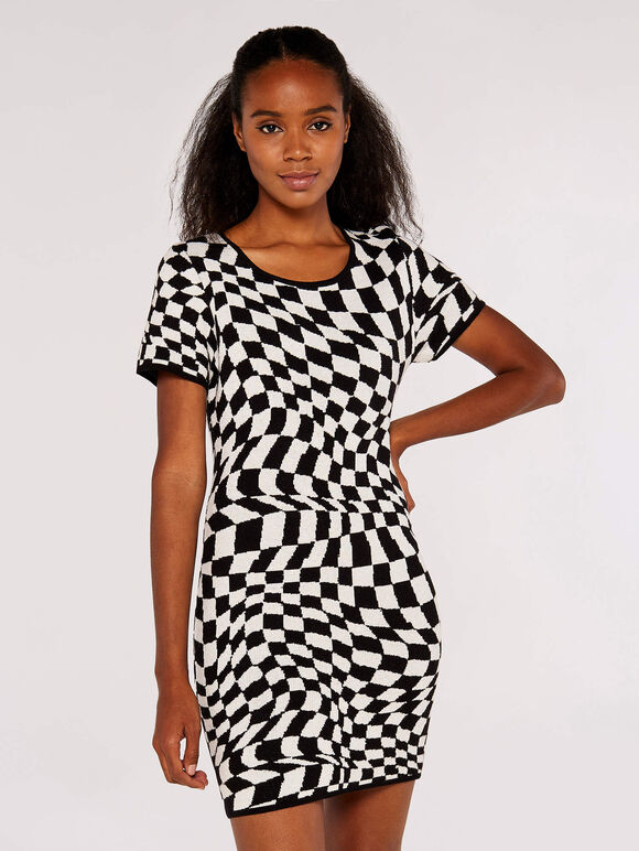 Check Bodycon Knit Dress, Cream, large