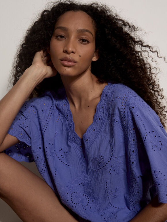 Embroidered Cotton Top, Purple, large