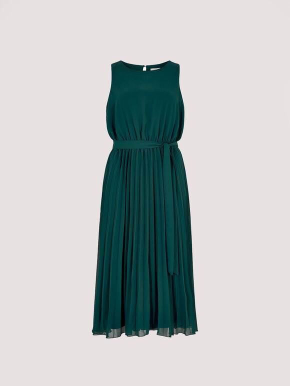 Pleated Skirt Midi Dress, Green, large