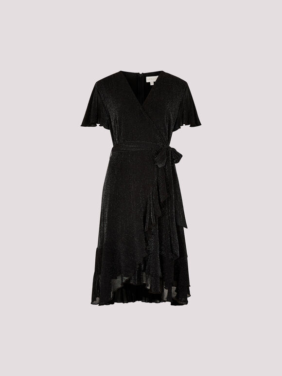Sparkle Wrap Ruffle Mini Dress, Black, large