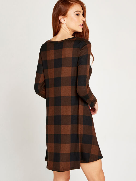 Gingham Long Sleeve Swing Dress, Rust, large
