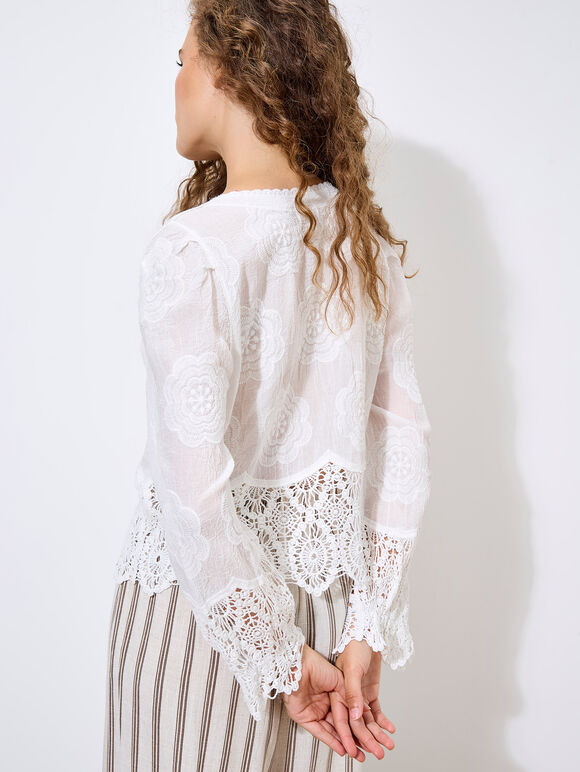 Embroidered Daisies Lace Hem Top, White, large