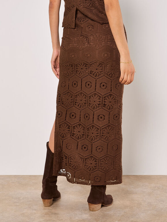 Crochet Lace Side Split Maxi Skirt, Brown, large