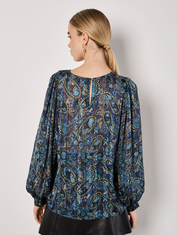 Paisley Sparkle Self Stripe Blouse, Navy, large