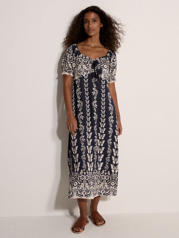 Butterfly Border Print Midi Dress, Navy, large