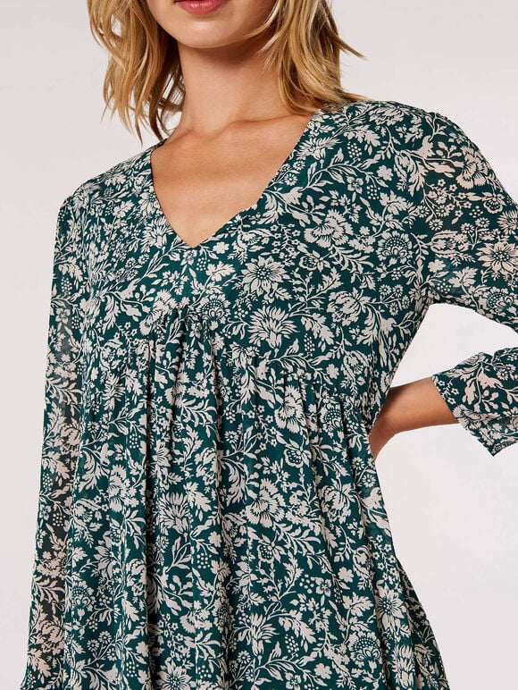 Floral Babydoll Mini Dress, Green, large