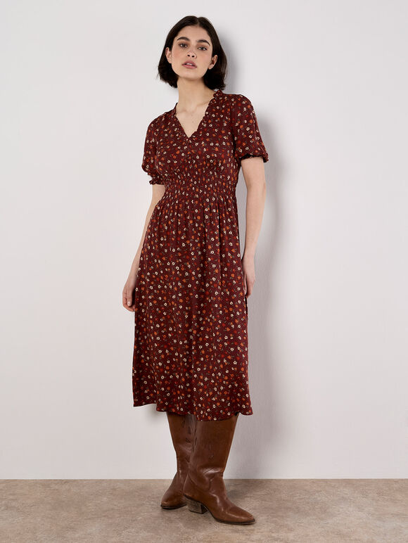 Ditsy Floral Smocked Midi Dress, Burgundy, large