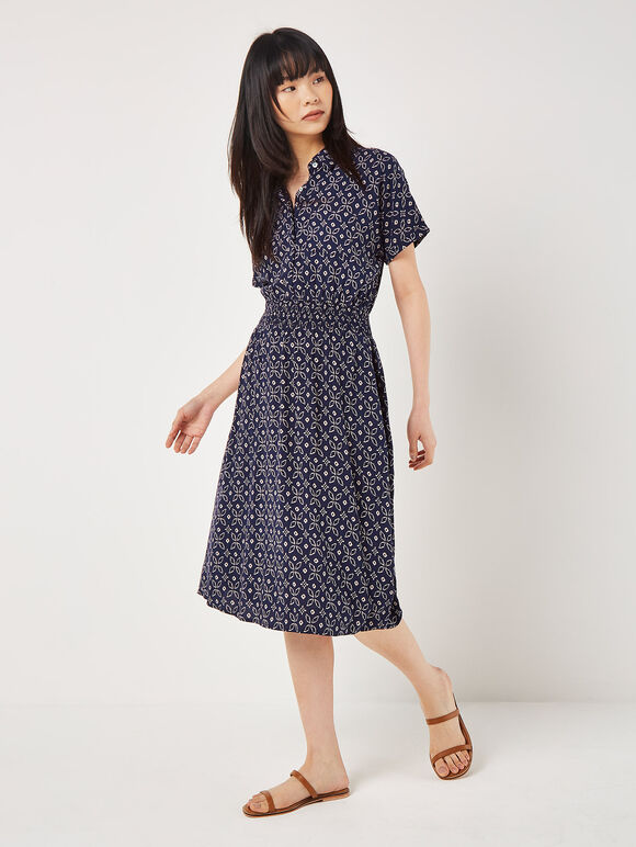Batik Tile Shirt Midi Dress, Navy, large
