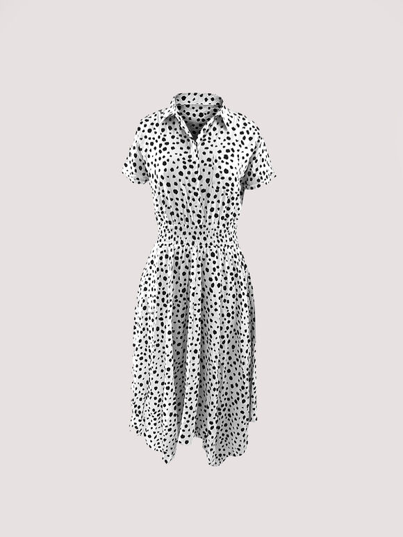 Painterly Dot Smocked Midi Dress, White, large