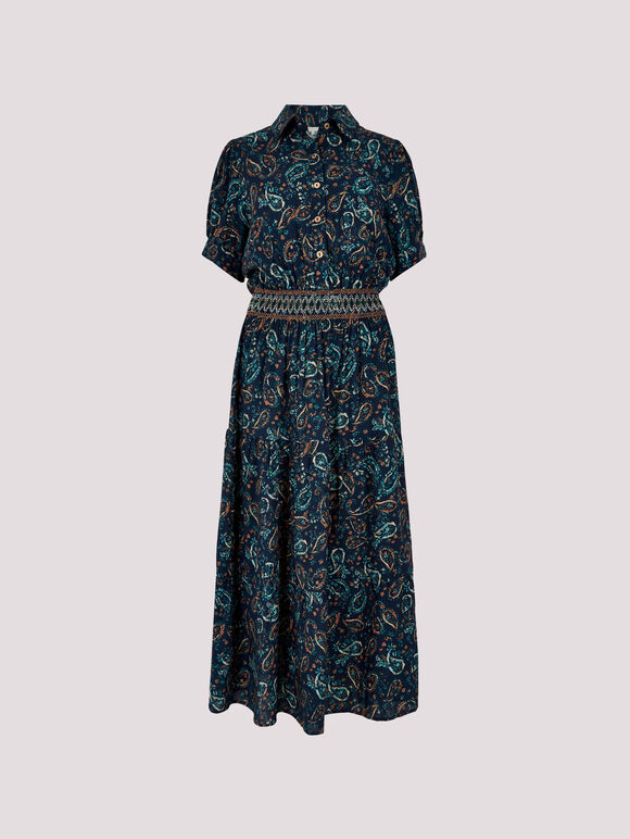 Paisley Shirt Midi Dress, Navy, large