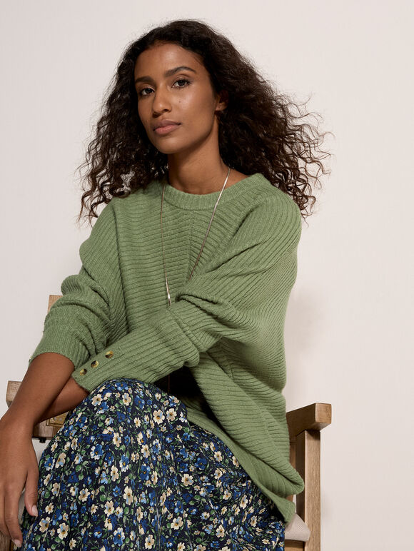 Chevron Knit Batwing Jumper, Green, large