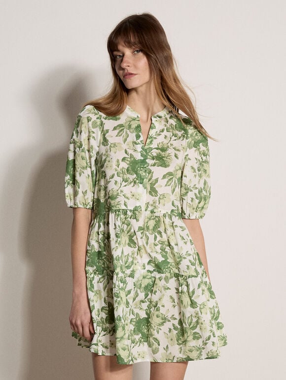Floral Print Cotton Mini Dress, Green, large