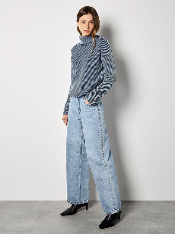 Roll Neck Ribbed Stonewashed Jumper, Blue, large