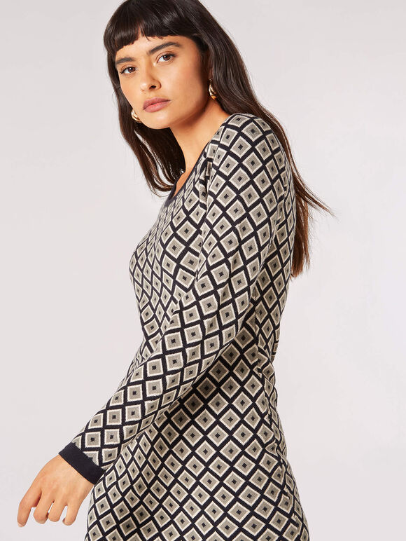 Geo Diamond Knit Mini Dress, Khaki, large