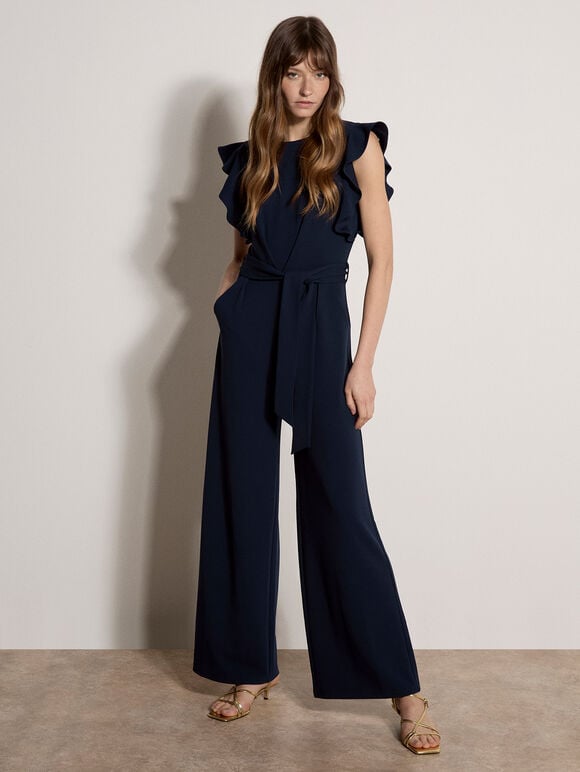 Ruffle Sleeve Jersey Jumpsuit, Navy, large