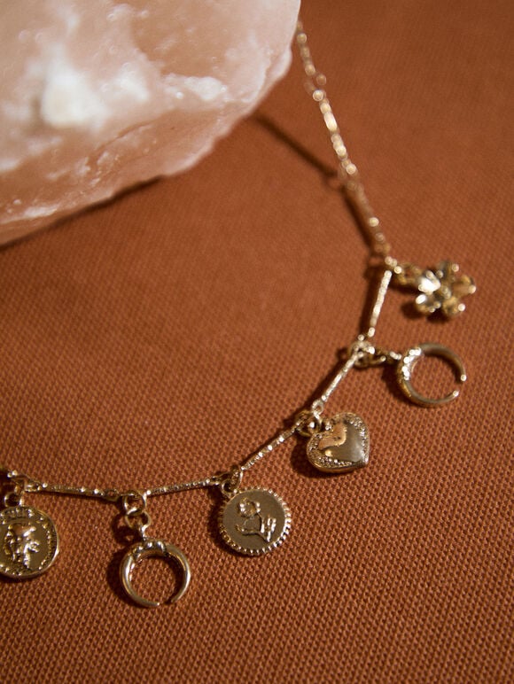 Gold Tone Charm Necklace, Gold, large