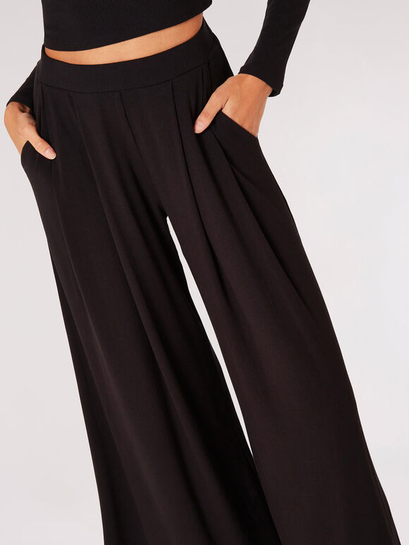 Ribbed Knit Palazzo Trousers, Black, large