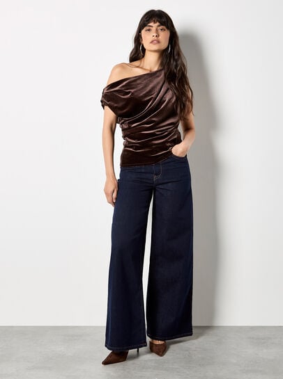 Draped One-Shoulder Asymmetric Velvet Top