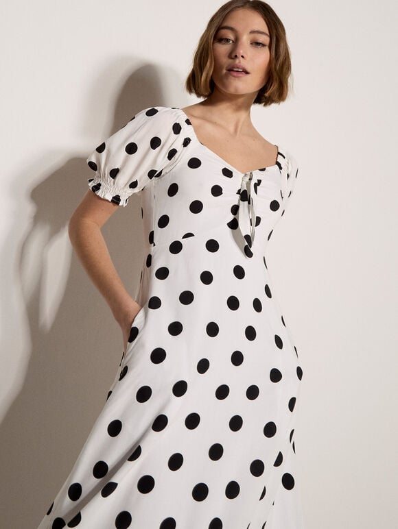 Polka Dot Bow Detail Midi Dress, White, large