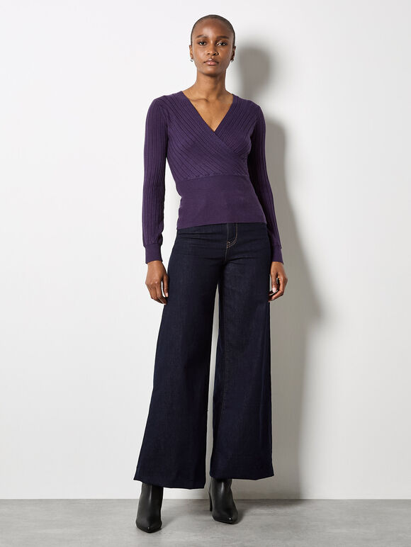 Rib Knit Wrap Top, Purple, large