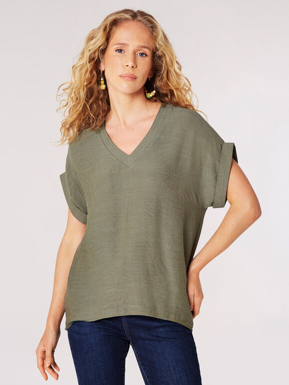 Button Back Slub T-Shirt, Khaki, large