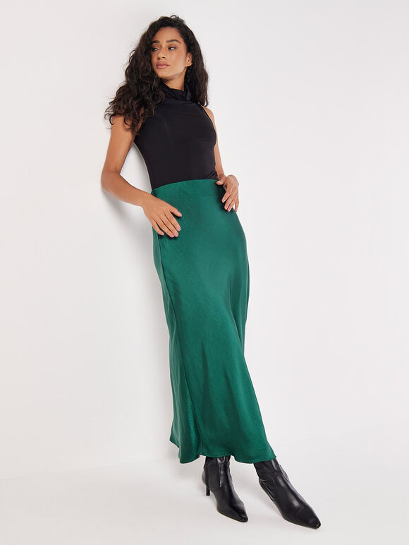 Satin Bias Midi Skirt, Green, large