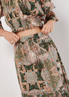 Satin Scarf Print Tiered Maxi Skirt, Khaki, large