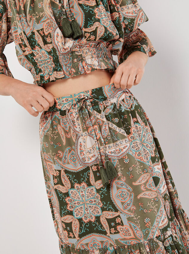 Satin Scarf Print Tiered Maxi Skirt, Khaki, large