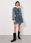 Feather Print Chiffon Mini Dress, Green, large