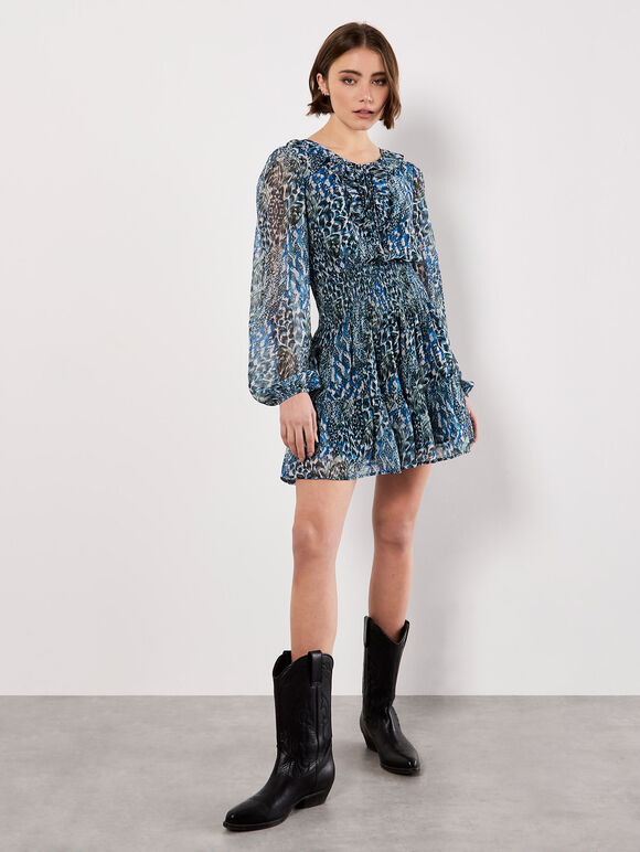 Feather Print Chiffon Mini Dress, Green, large