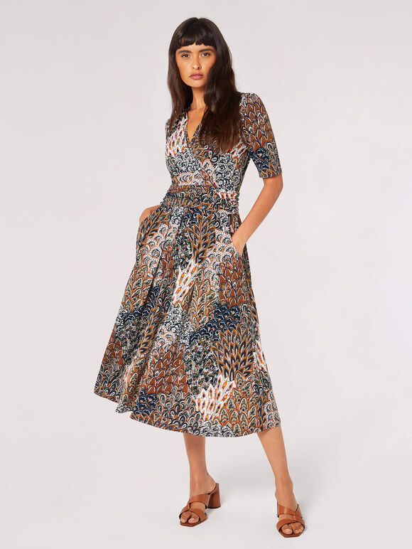 Feather Print Wrap Midi Dress, Green, large
