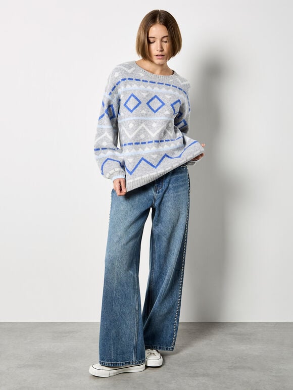 Chevron Geometric Retro Jumper, Blue, large