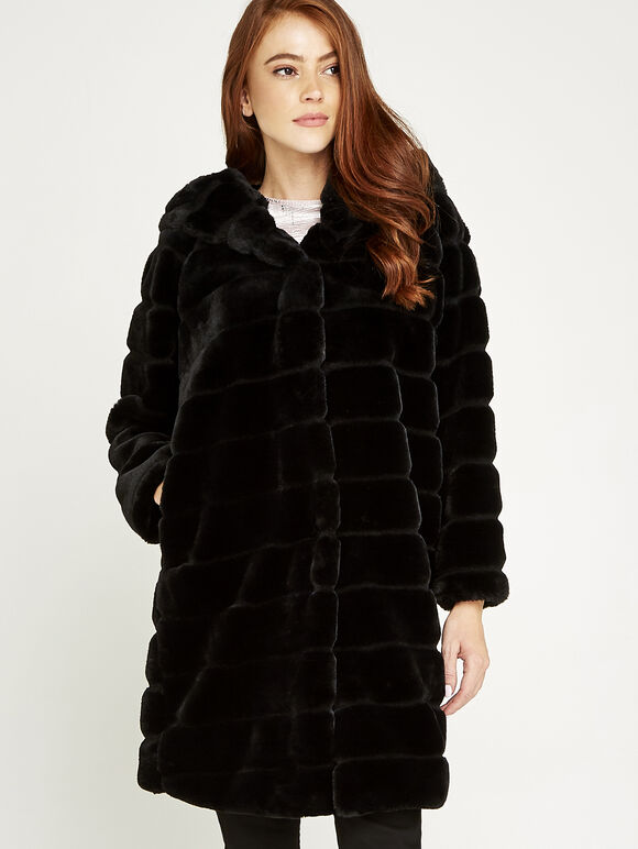 Tiered Fur Hooded Low Coat, Black, large