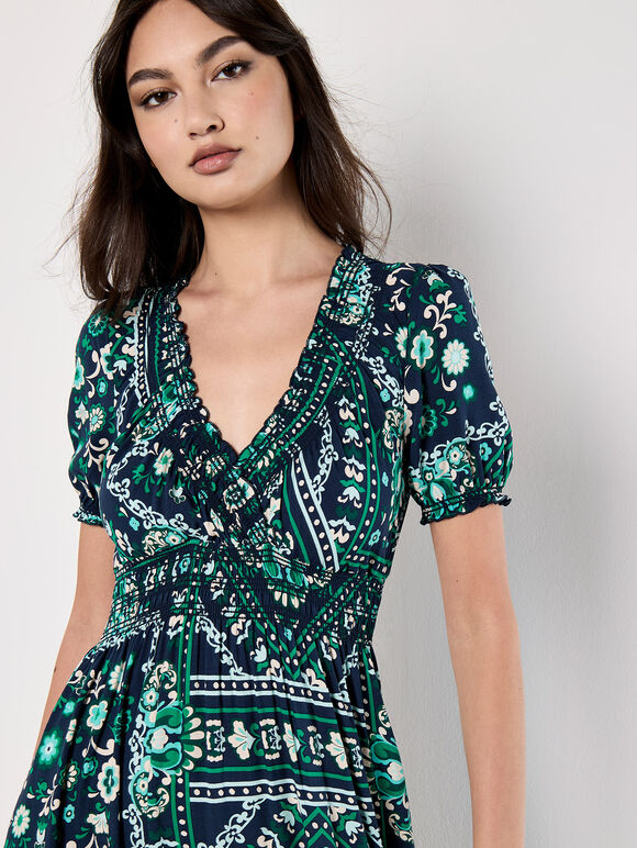 Scarf Print Smocked Maxi Dress, Navy, large