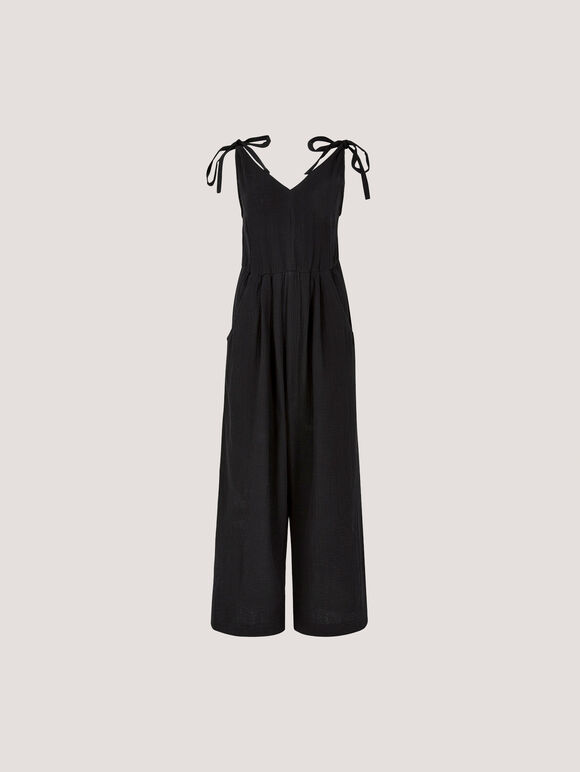 Textured Cotton Wide Leg Jumpsuit, Black, large