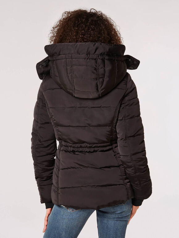 Faux Fur Hood Puffer Jacket, Black, large