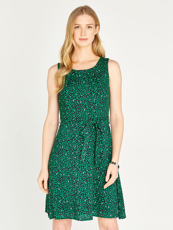 Apricot Leaf Pleat Detail Skater Dress, Green, large