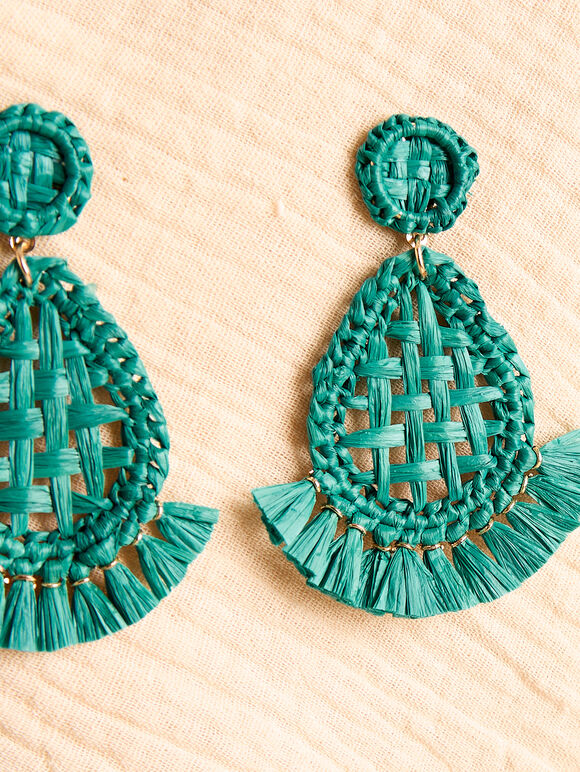 Raffia Oval Fan Earrings, Blue, large