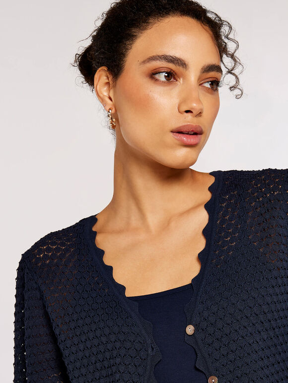Knitted Scallop Crop Cardigan, Navy, large