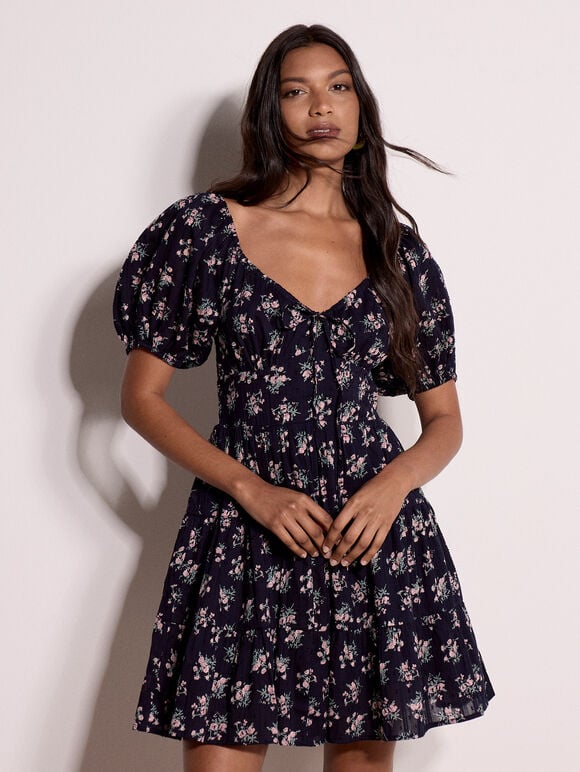 Cotton Dobby Floral Mini Dress, Navy, large