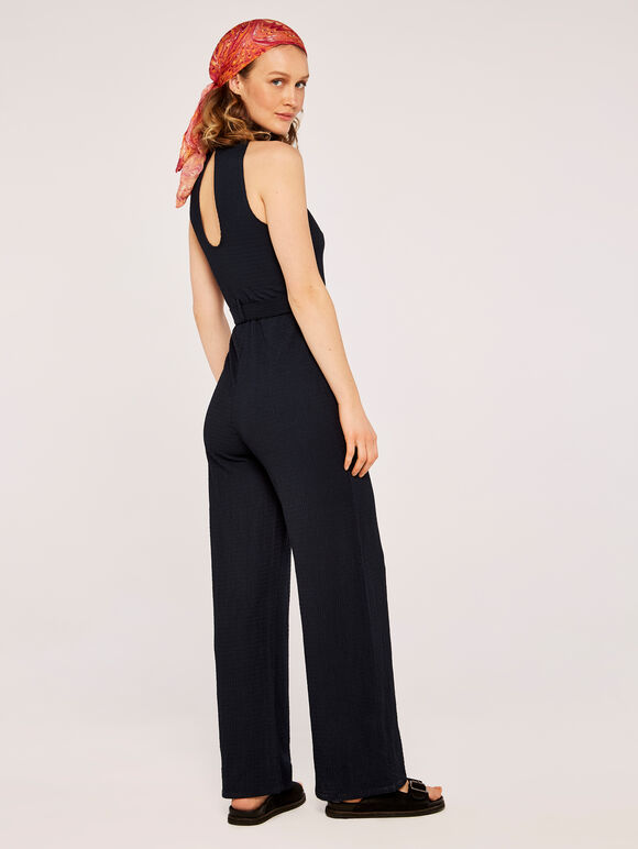 Waffle Halter Neck Jumpsuit, Navy, large