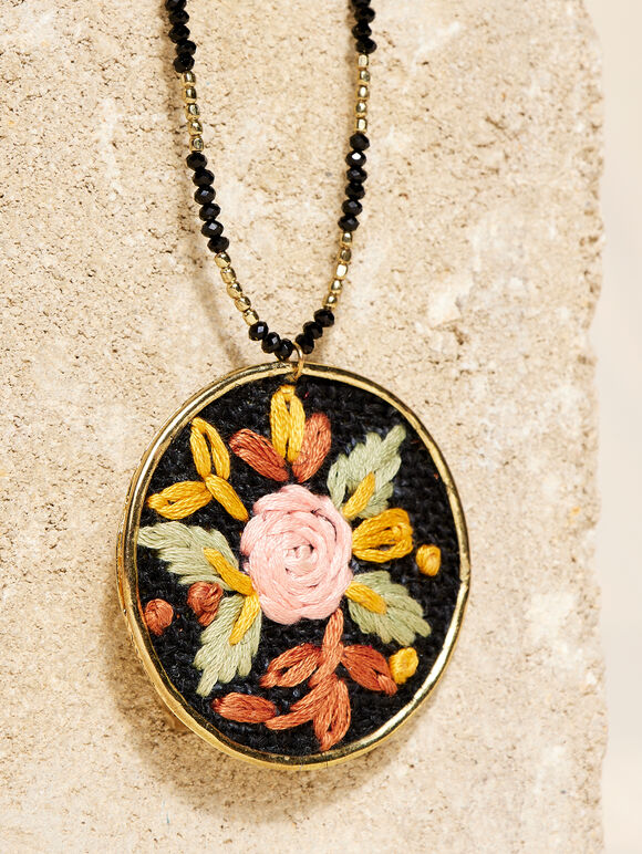 Hand Embroidered Rose Necklace, Black, large