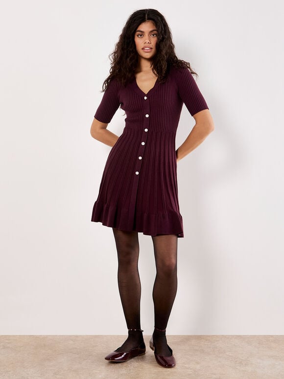 Ribbed Knit Fit And Flare Mini Dress, Burgundy, large