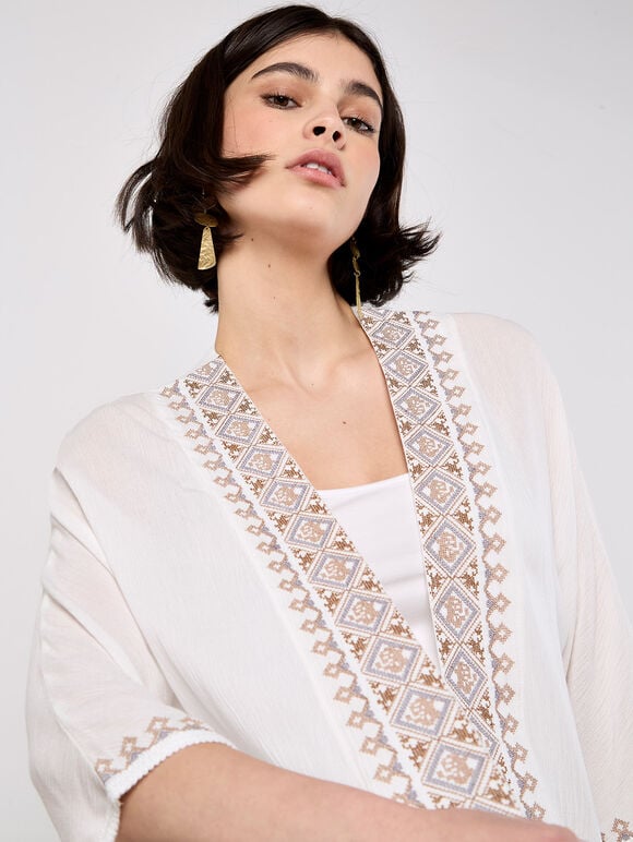 Embroidered Cover-Up Kimono, White, large